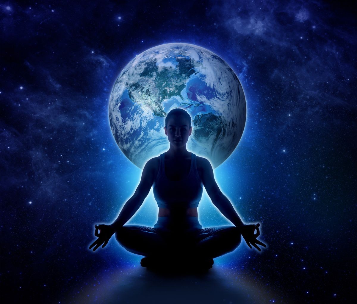 Yoga woman on the world. Meditation girl sitting in lotus pose on planet earth and star in dark night sky, Moon original image from NASA.gov
