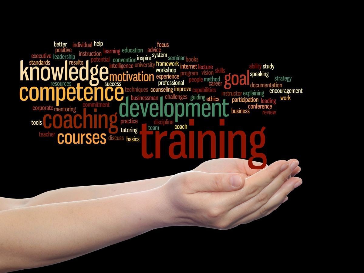 Concept or conceptual training, coaching or learning, study word cloud in hands isolated on background metaphor to mentoring, development, skills, motivation, career, potential, goals or competence